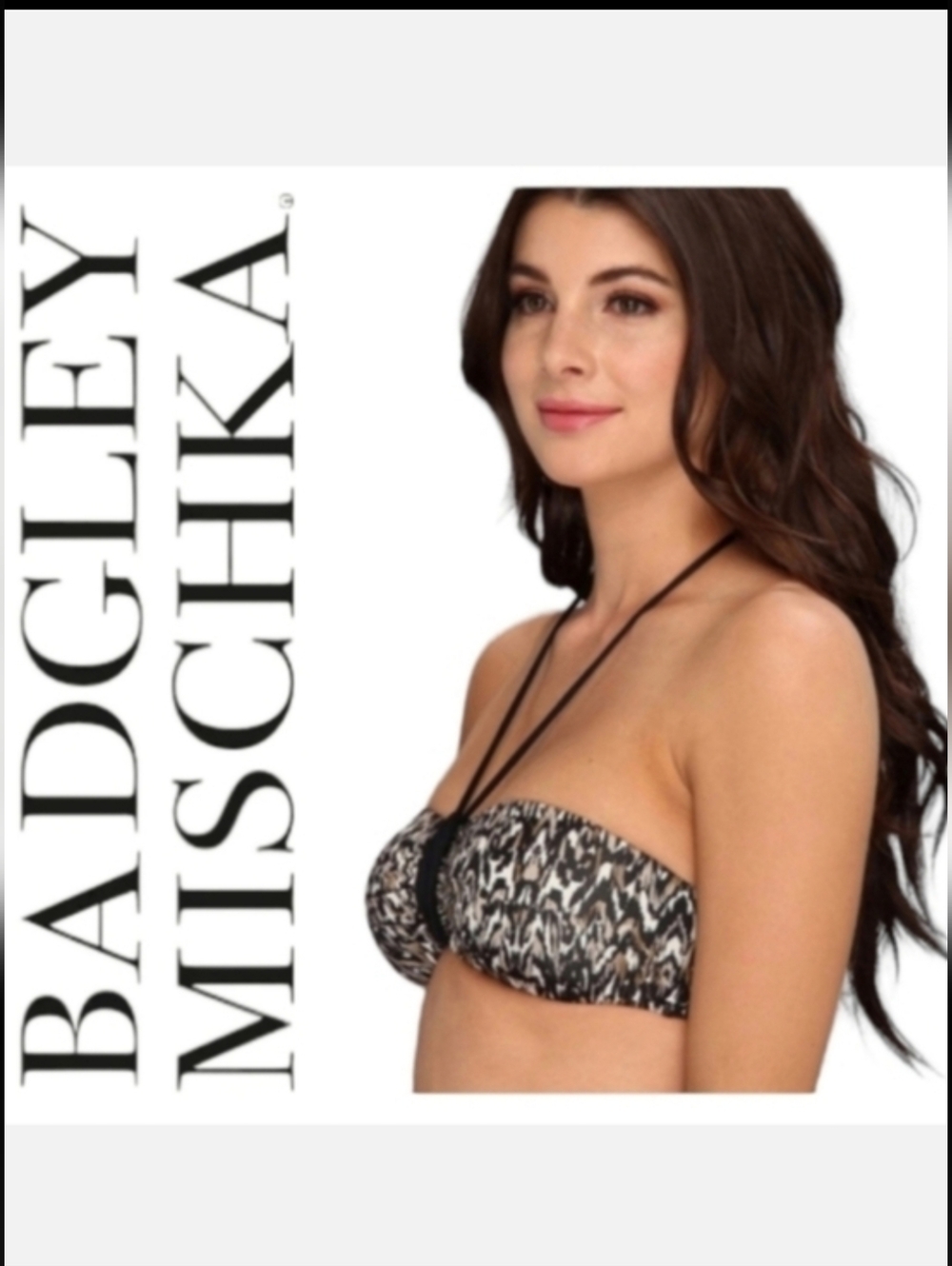 Badgley Mischka Bandeau Bikini Top Black/White/Tan Abstract Sz 6 BohoChic